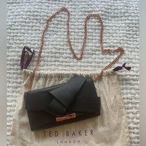 Ted Baker Black Leather Crossbody Clutch w/ Rose Gold Chain & Giant Knot Detail